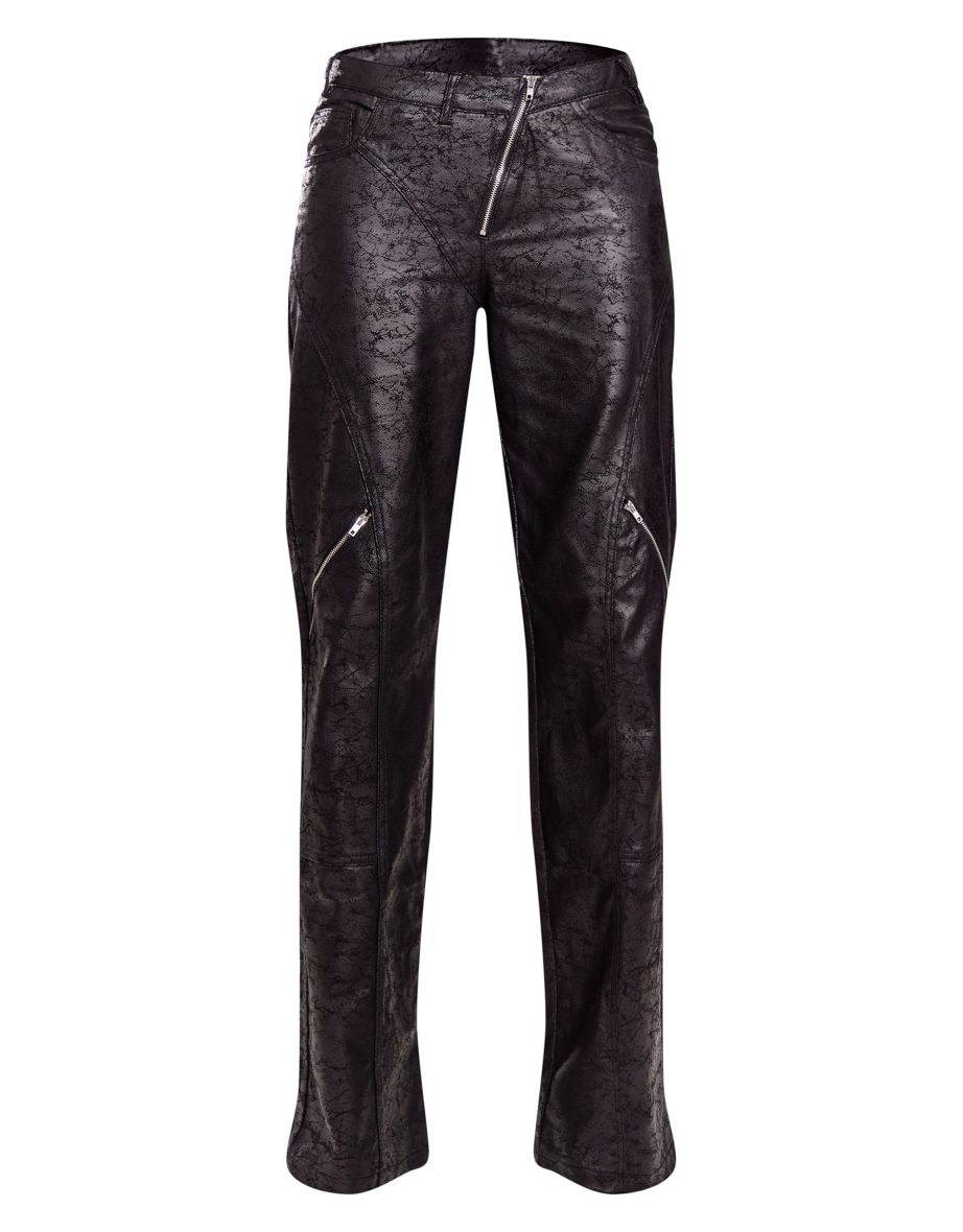 Black Waxed Denim Zip Detail Asymmetric Waistband Wide Leg Jeans - 4