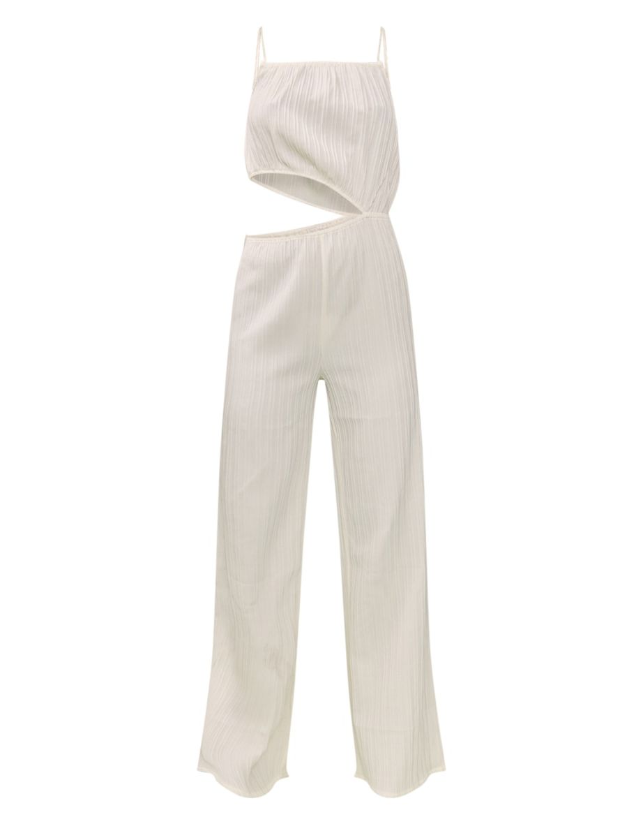 Cream Crinkle Elasticated Cut Out Strappy Jumpsuit - 4