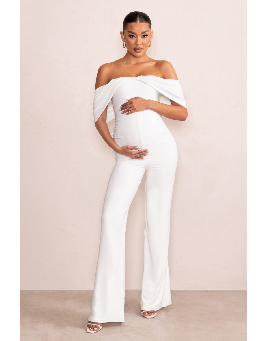 Renata | White Draped Sleeve Bardot Maternity Jumpsuit - 4