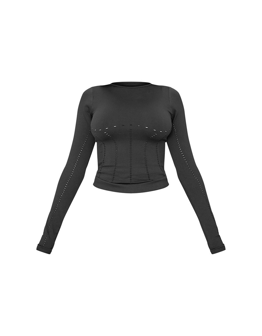 PLT SPORT Black Seamless Laser Cut Long Gym Top - 4