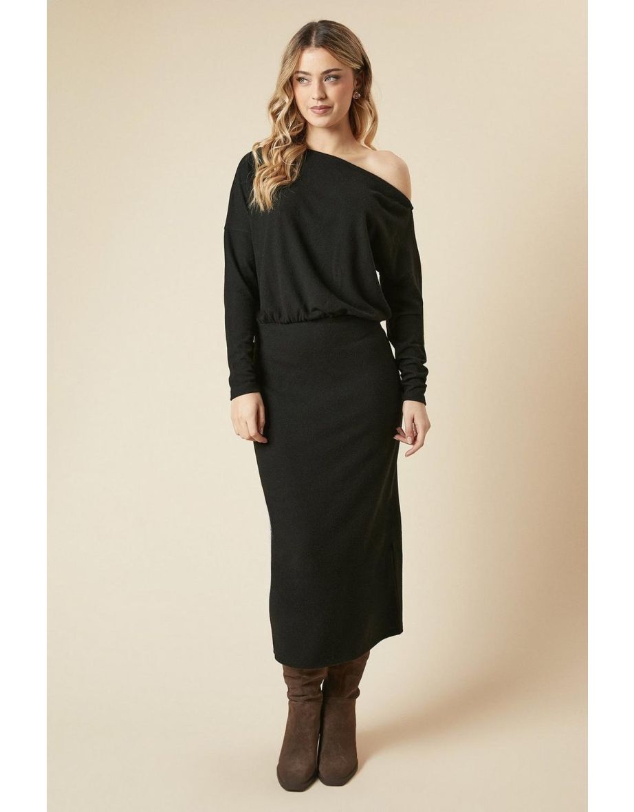 Brushed Slash Neck Midi Dress