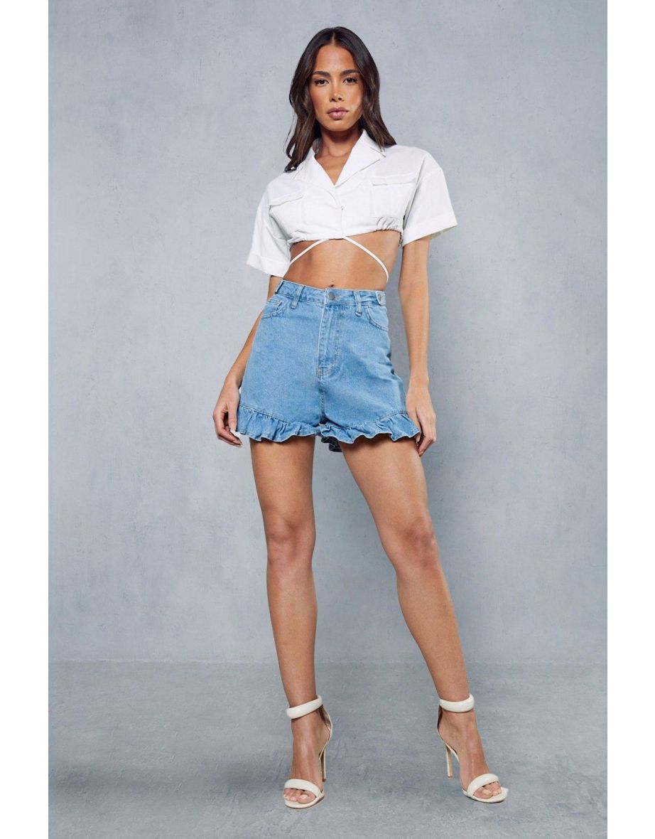High Waisted Frill Hem Denim Short