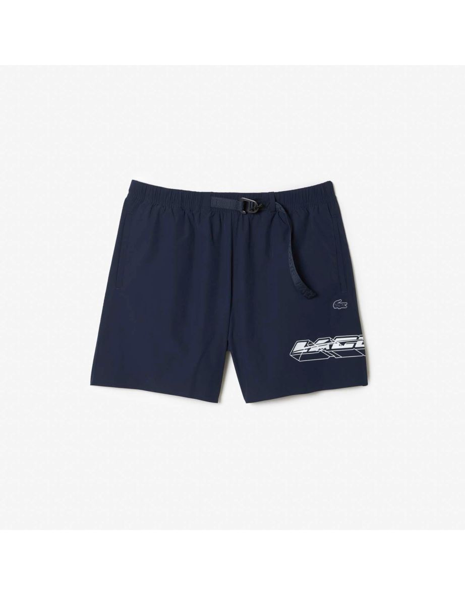 Men's Lacoste Quick Dry Logo Stripe Swim Trunks in Blue