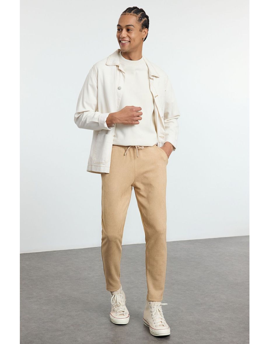 Beige Slim Fit Elastic Waist Suede Trousers