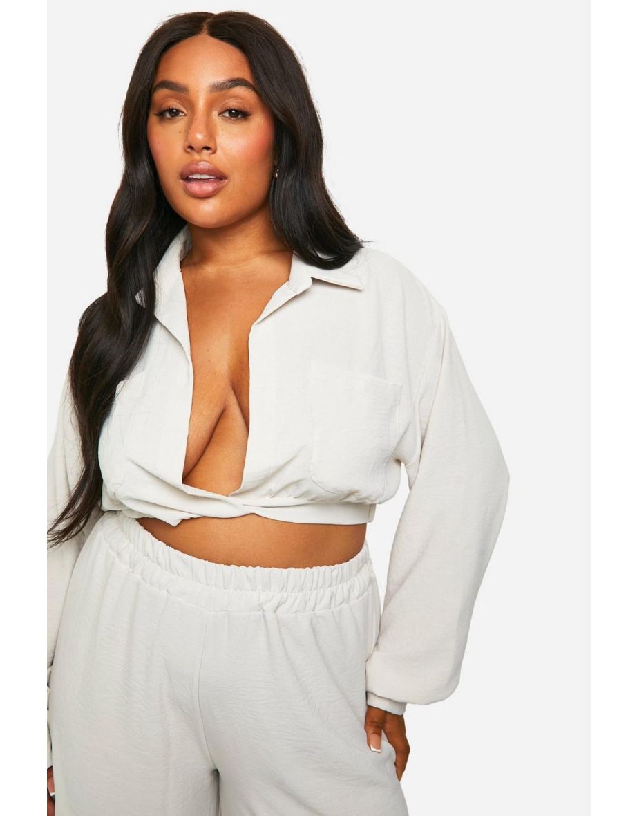 Plus Hammered Twist Front Shirt And Trouser Set - stone - 3