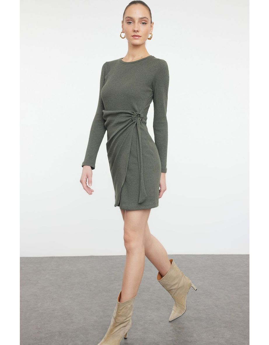 Khaki Fitted Flexible Mini Knitted Dress