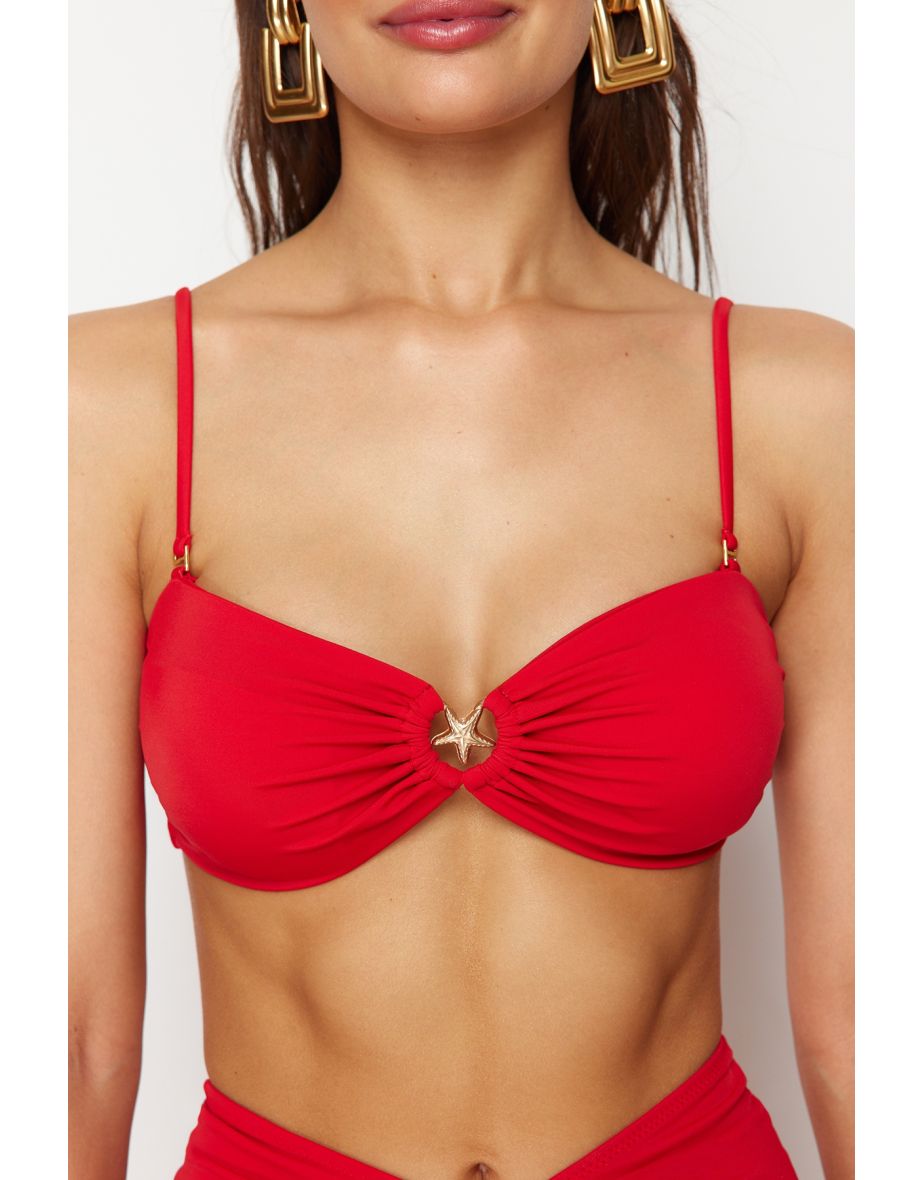 Red  Plain Strapless Bikini Tops with Straps - 6