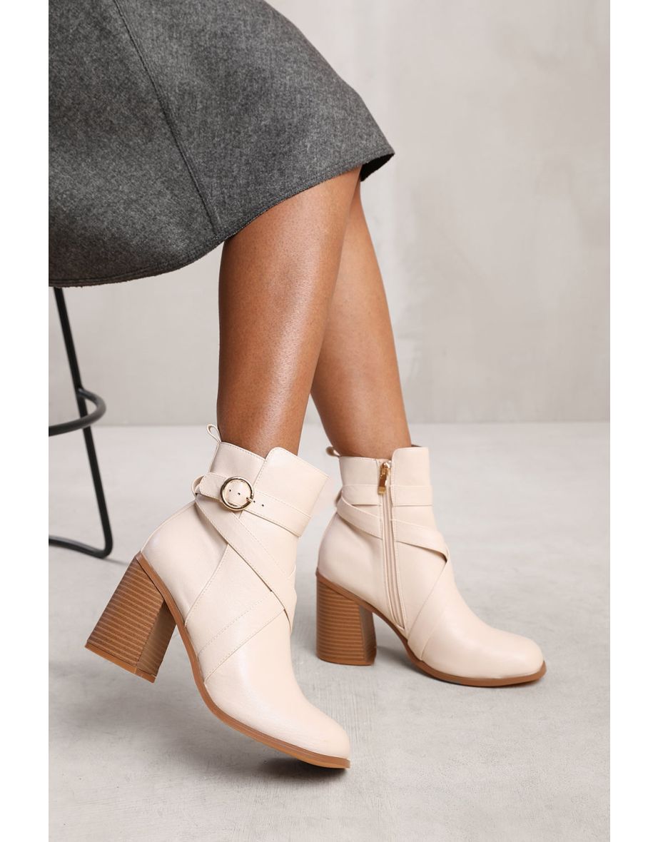 TEAGAN ANKLE BOOT WITH CHUNKY HEEL AND CROSS OVER STRAP DETAIL IN CREAM FAUX LEATHER