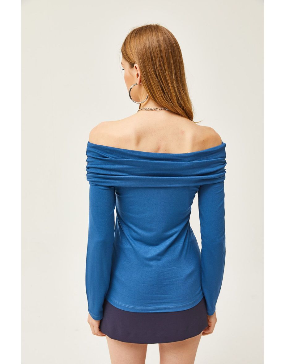 Women's Indigo Madonna Collar Knitted Viscose top - 5
