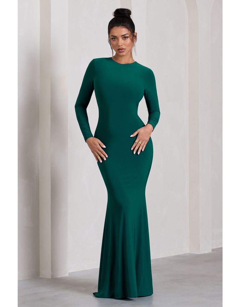 Starring | Bottle Green Long-Sleeve Backless Fishtail Maxi Dress - 4