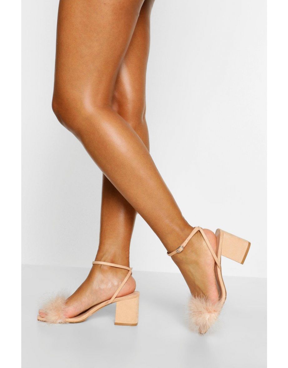 Feather Strap Low Block Heel Two Parts - nude