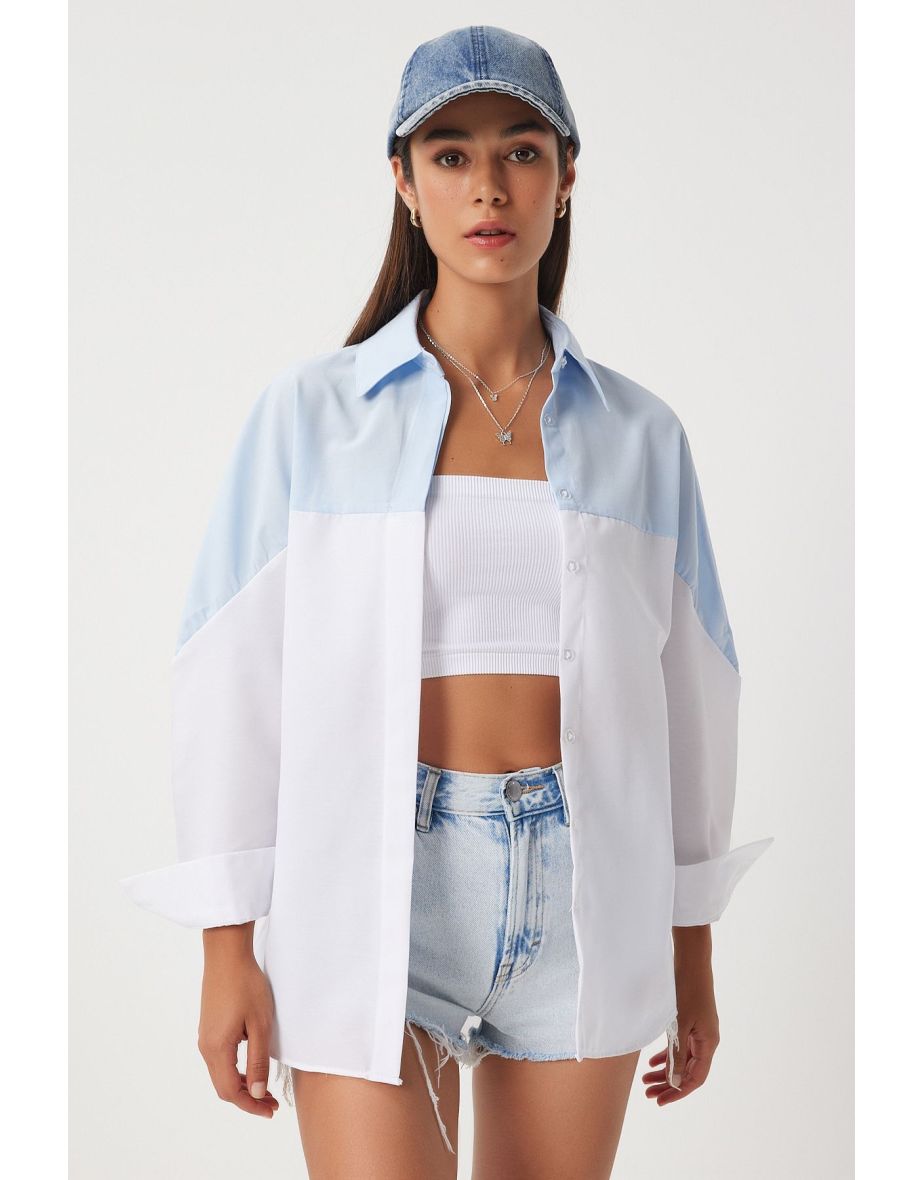 Women's Sky Blue White Block Color Boyfriend Shirt