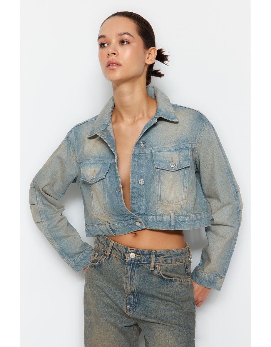 Blue Pale Effect Vintage Oversize Crop Denim Jacket