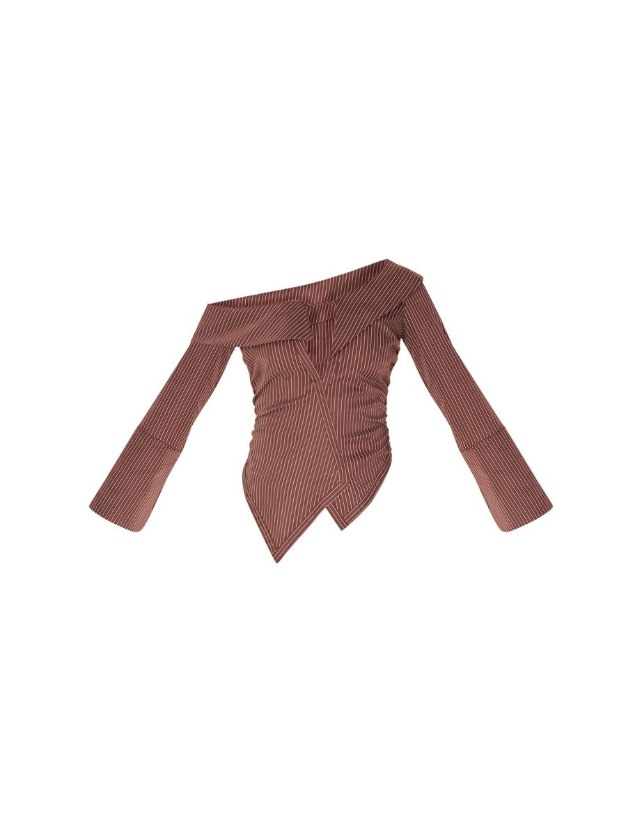 Brown Soft Touch Striped Plunge Shirt - 4