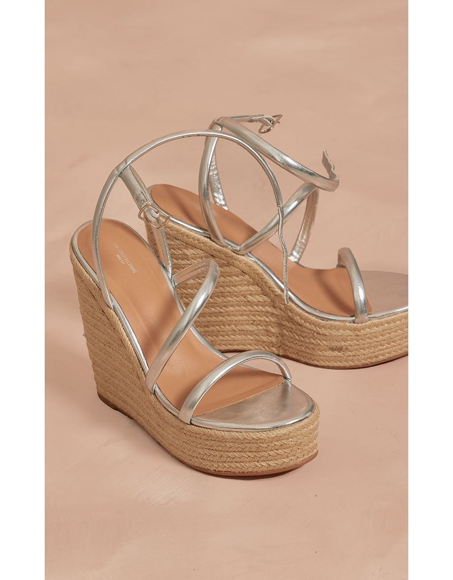 Silver Wide Fit Pu Round Toe Asymmetric Strap Platform Heeled Wedges - 3