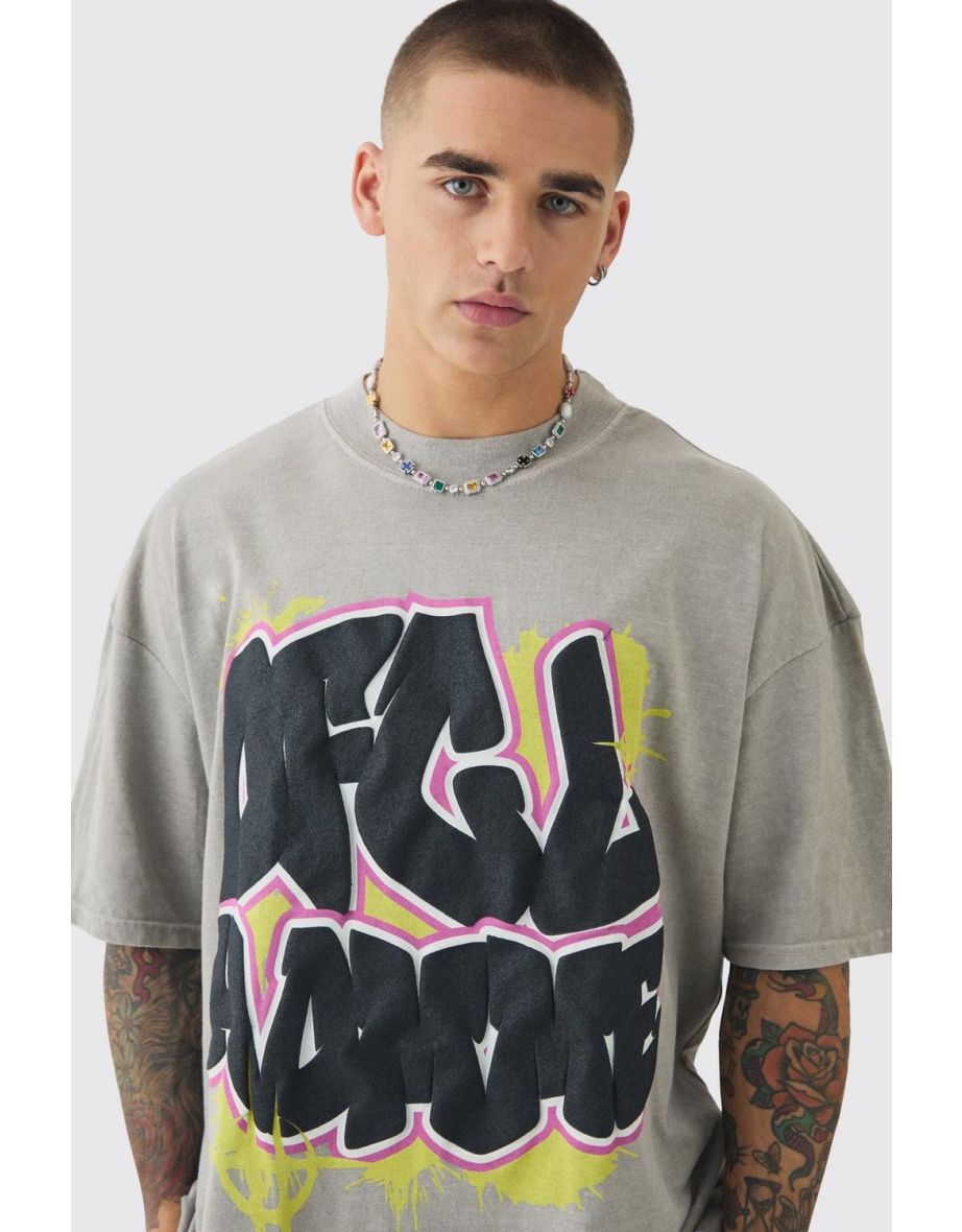 Oversized Puff Print Graffiti Washed T-shirt - stone - 2
