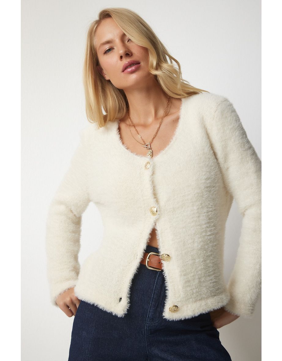 Women's Cream Soft Beard Knitwear Cardigan