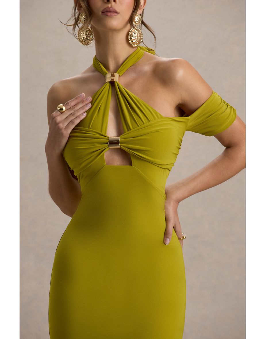 Selvina | Green Cut-Out Halter-Neck Midi Dress - 5