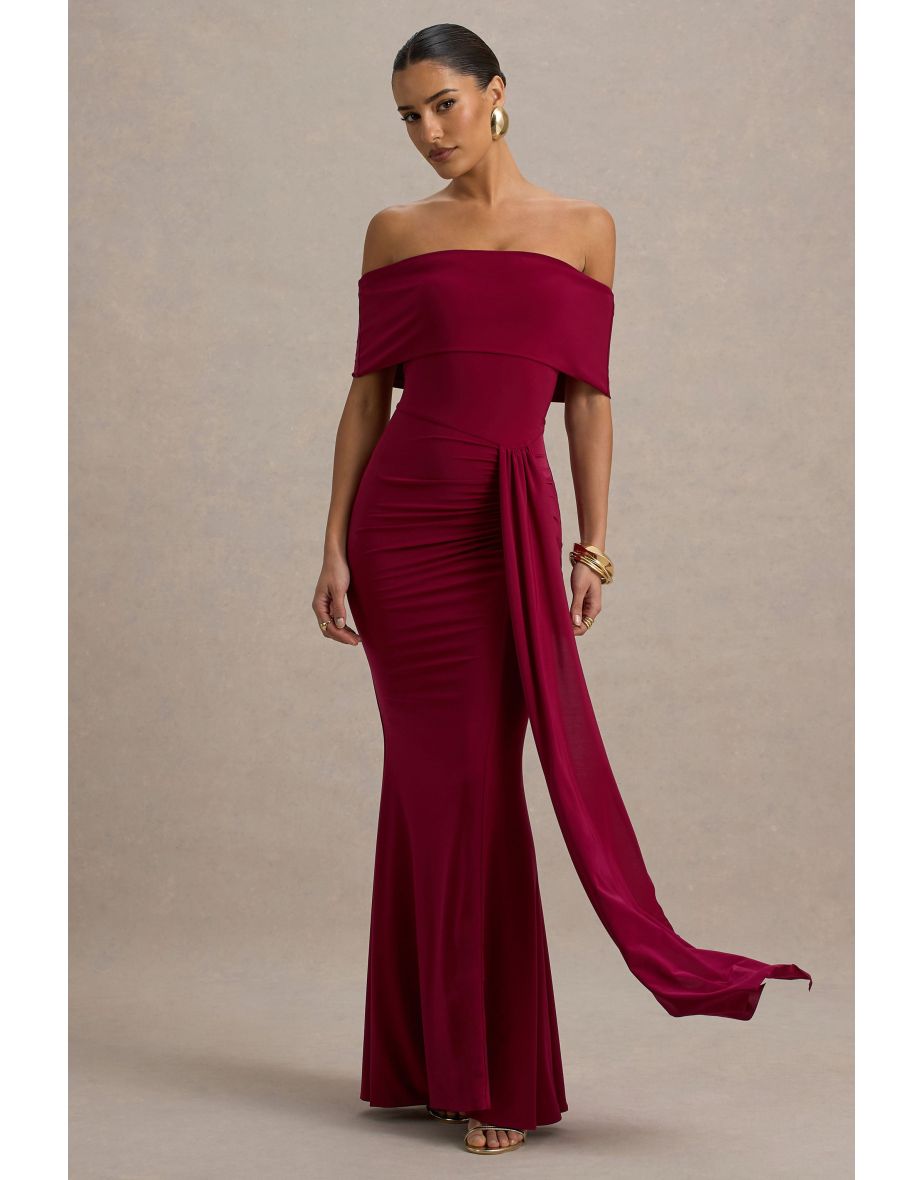 Delma | Burgundy Bardot Wrap Maxi Dress