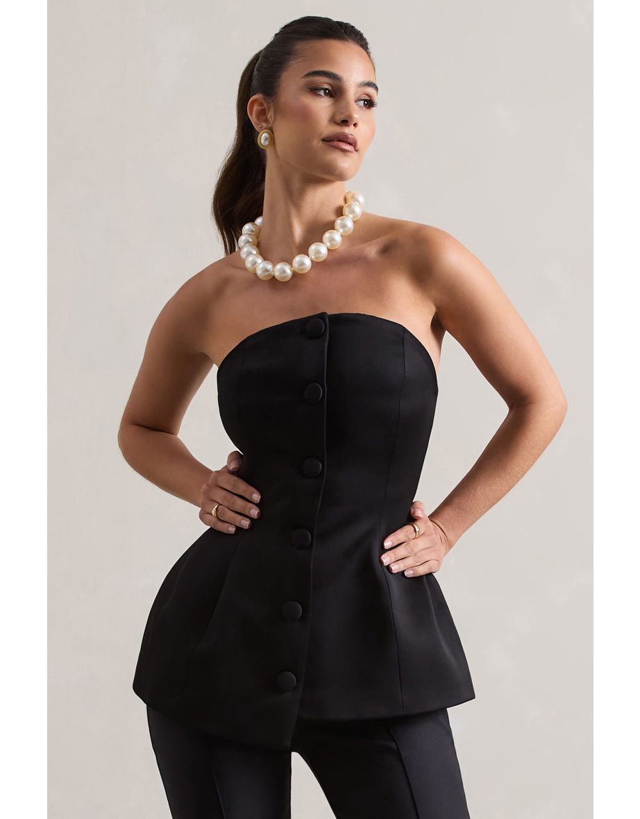 Century | Black Satin Strapless Button Front Corset Top