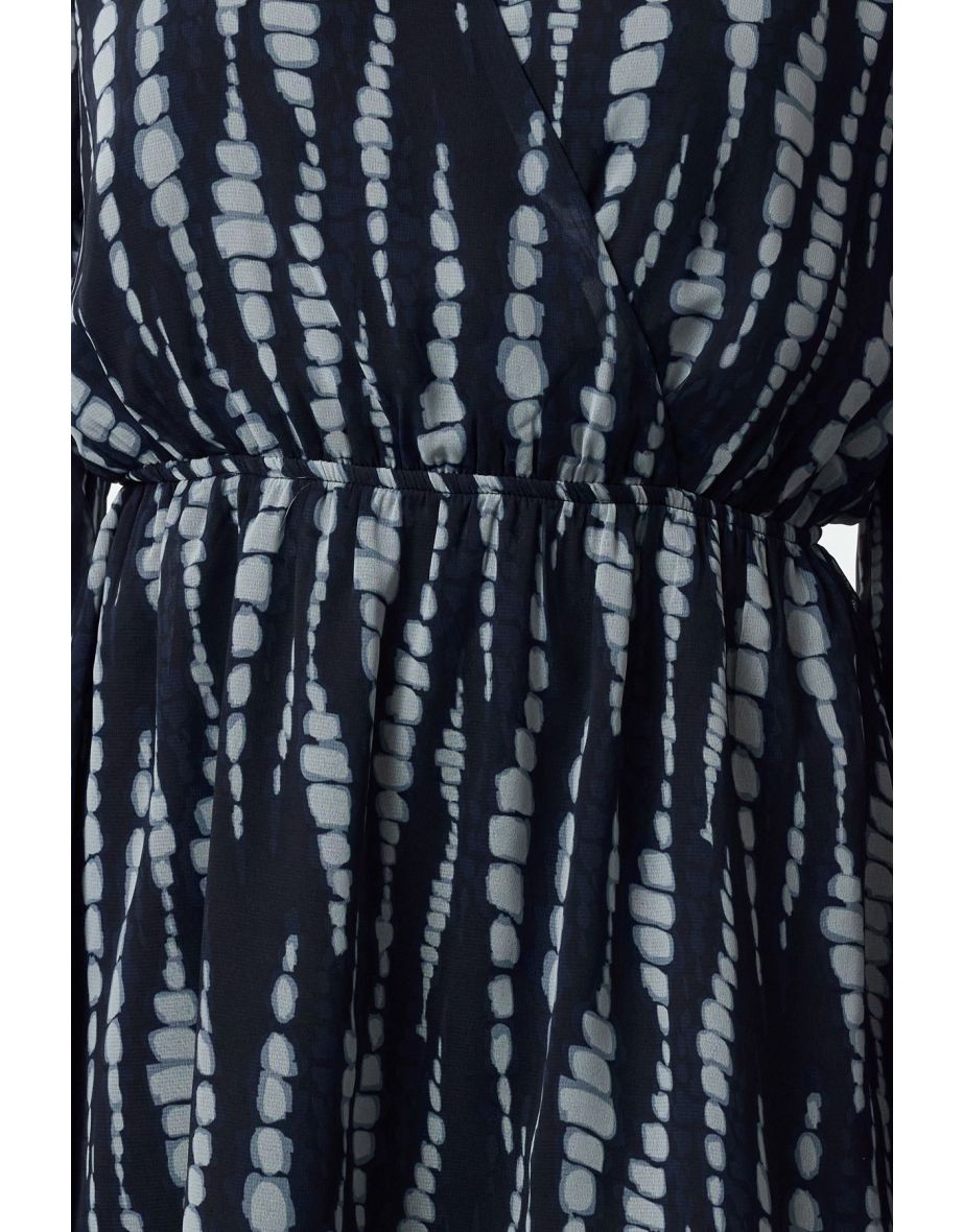 Navy Blue Patterned Double Breasted Skater/Waist Open Mini Lined Chiffon Woven Dress - 4