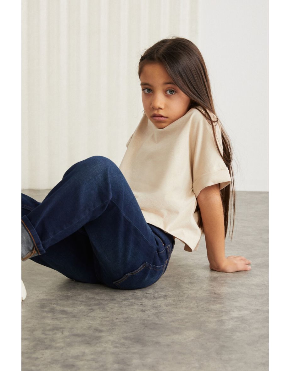 Verena Girl's 100% Cotton Double Sleeve Ornamental Label Beige T-shirt