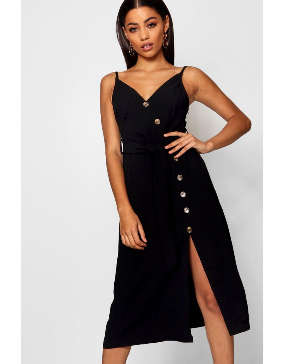 Button Front Woven Cami Dress - black