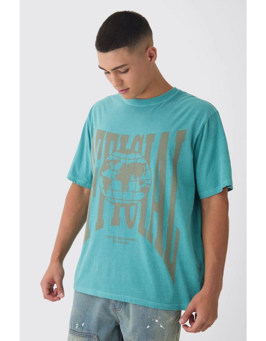 Washed Official Globe Print T-Shirt - teal