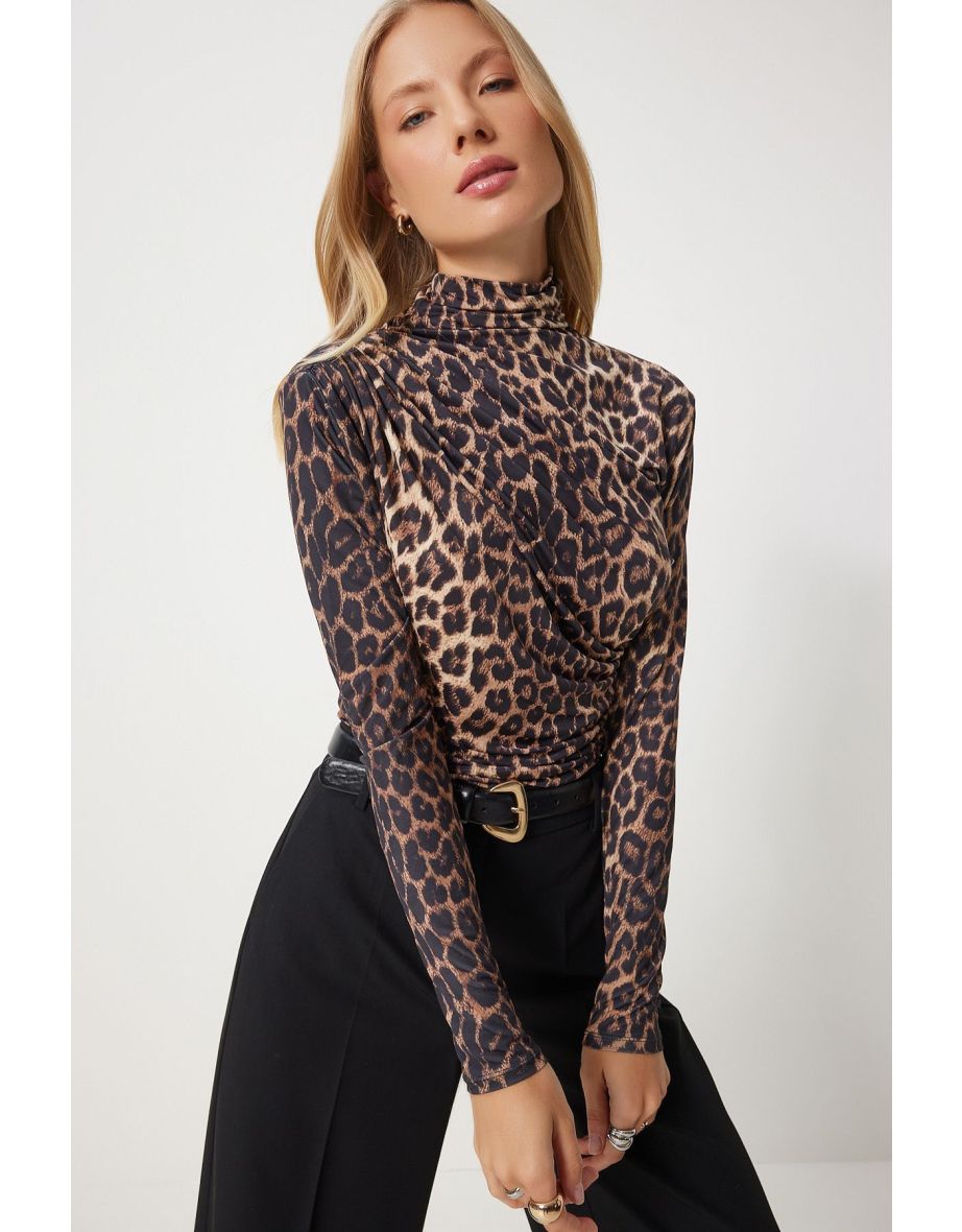 Women's Black Beige Gathered Detailed Stand Collar Sandy Blouse - 5