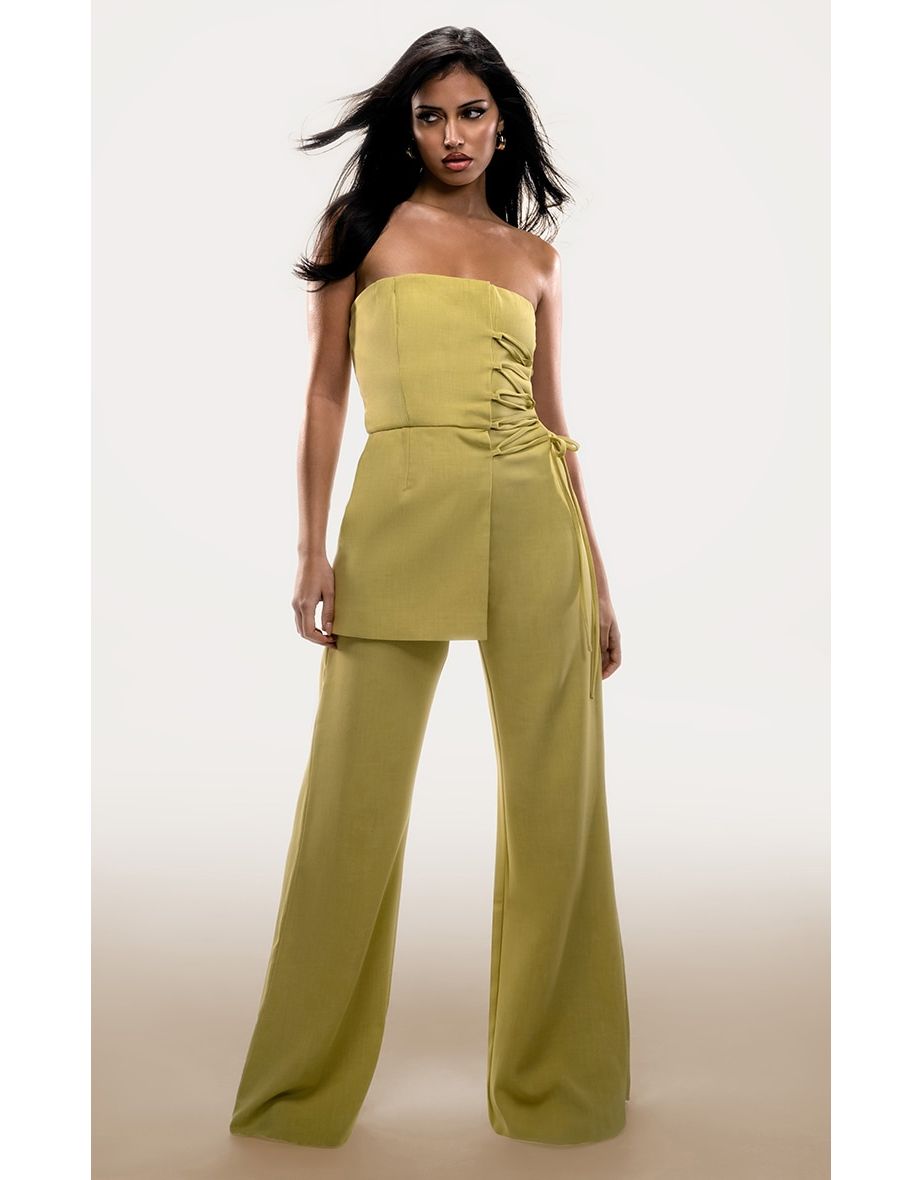 PLT Label Chartreuse Overlay Panel Lace Up Tailored Jumpsuit