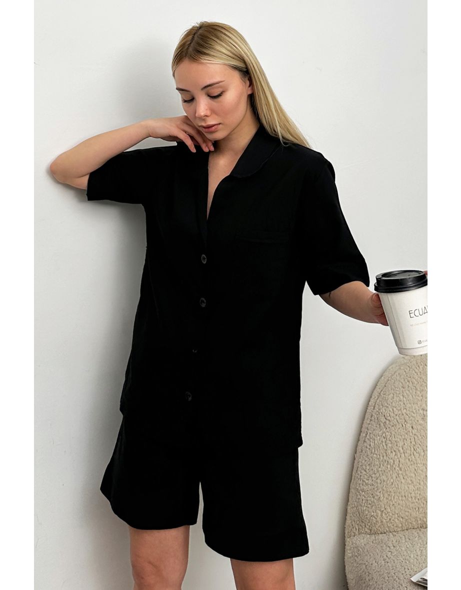 Women's Black Single Pocket Shorts Woven Pajamas Suit