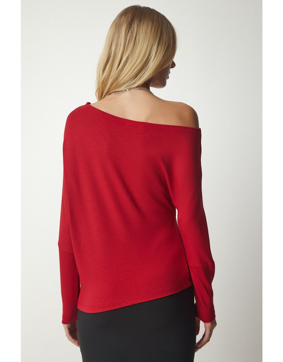 Women's Red Boat Collar Knitwear Blouse - 3