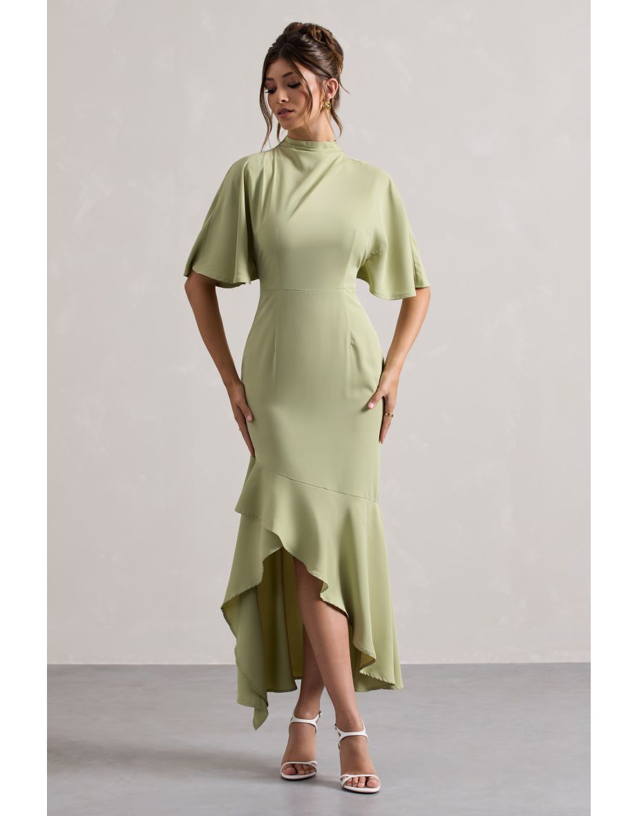 Lavinia | Sage High-Neck Flutter-Sleeve Asymmetric Maxi Dress