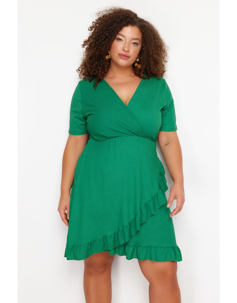 Green Double Breasted Flounce Knitted Dress Double Breasted Flounce Mini Knitted Dress