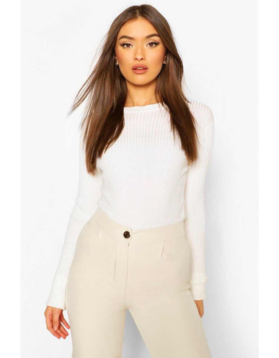 Rib Knit Crew Neck Racer Bodysuit - cream