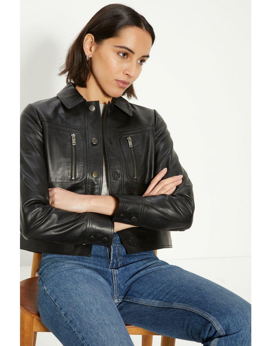 Real Leather Zip Detail Crop Jacket