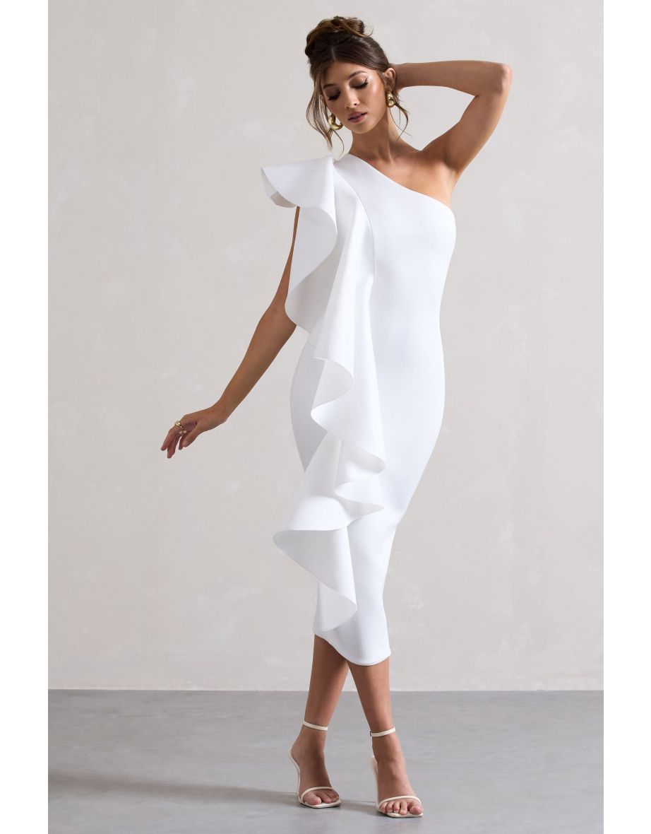 Polo | White Asymmetric Bodycon Midaxi Dress With Ruffle - 4