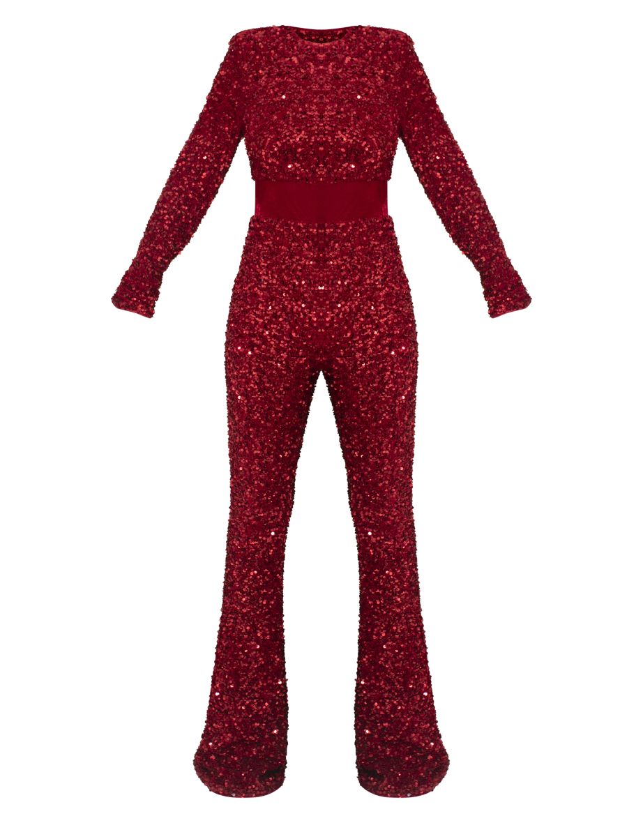Red Premium Velvet Sequin Shoulder Pad Jumpsuit - 4