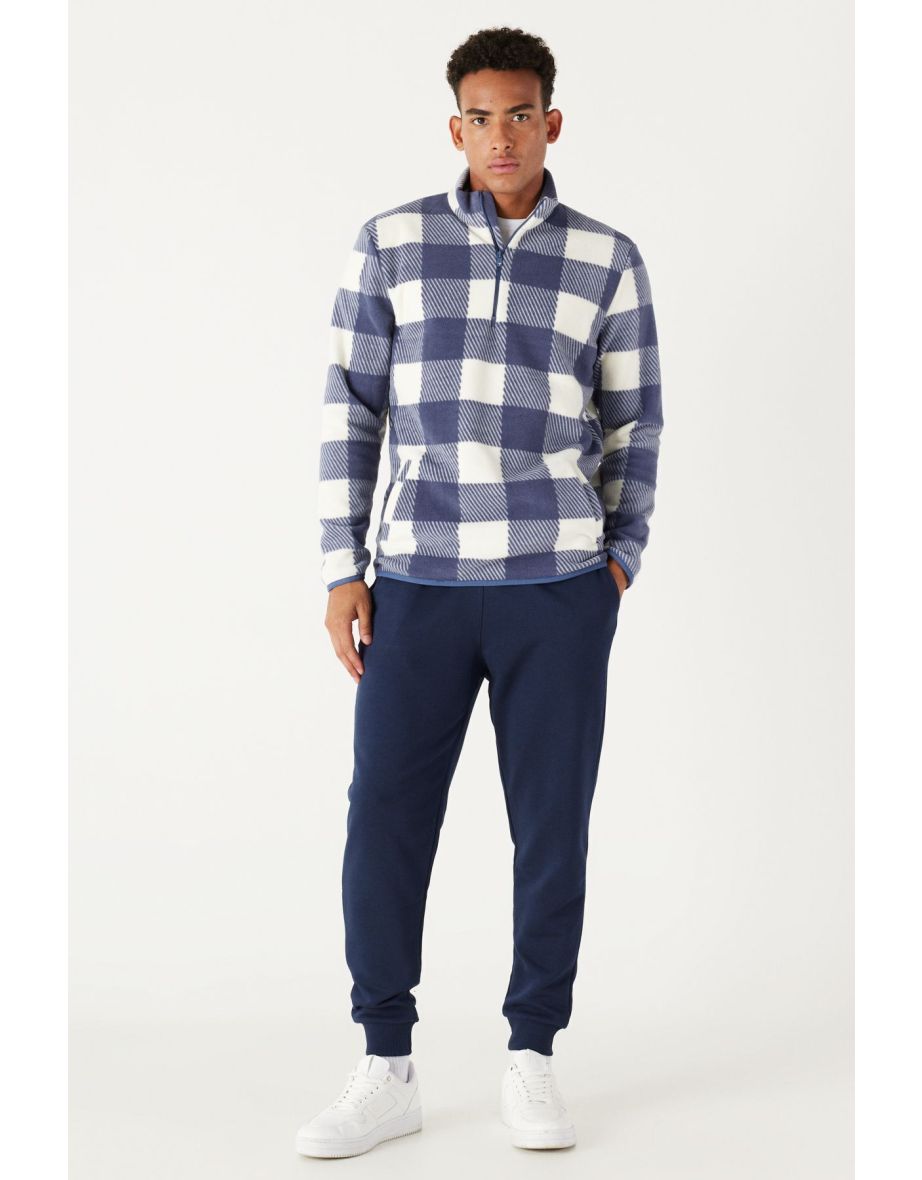 Men's Ecru Indigo Standard Fit Normal Cut Stand-Up Bato Collar Fleece Sweatshirt