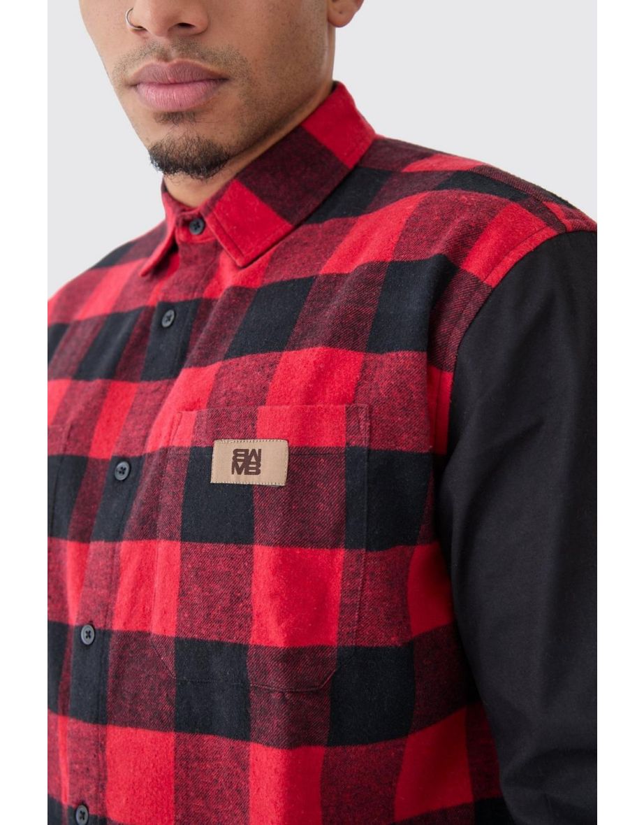 Oversized Twill Spliced Check Overshirt - red - 2