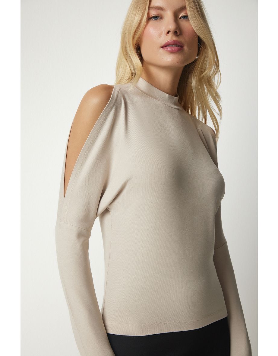 Women's Beige Stand-Up Collar Open-Shoulder Knitwear Blouse