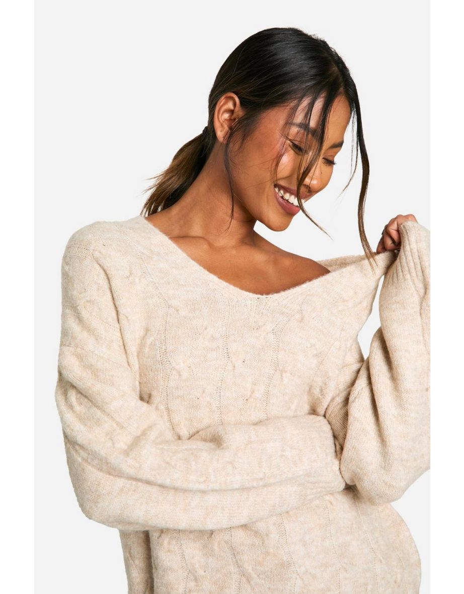 V Neck Soft Knit Cable Jumper - ecru marl - 3