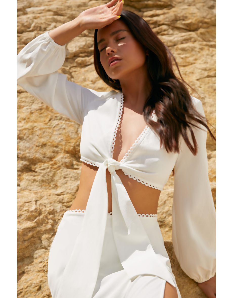 White Textured Tie Front Crop Top