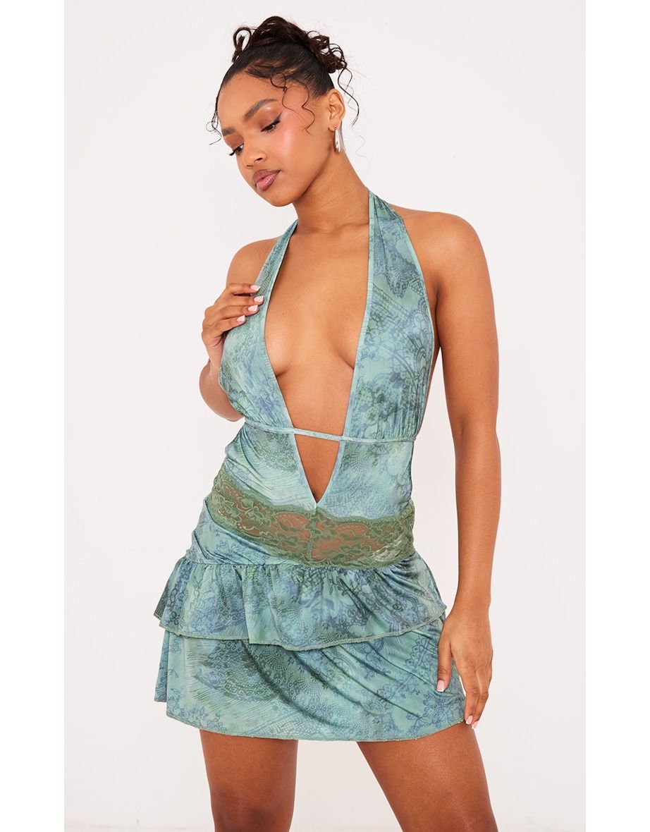 Green Print Slinky Lace Panel Halter Neck Mini Dress