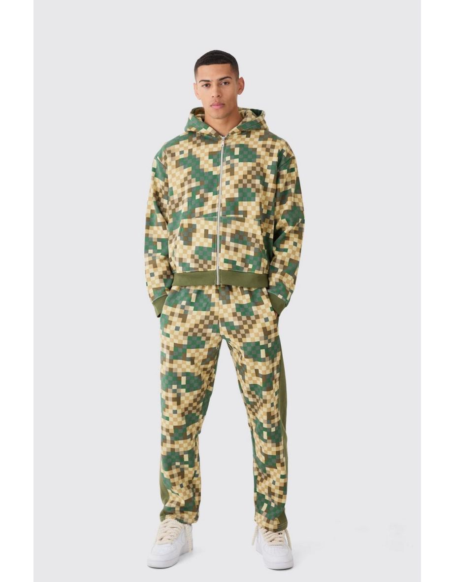 Oversized Boxy Zip Through Camo Hoodie Tracksuit - khaki