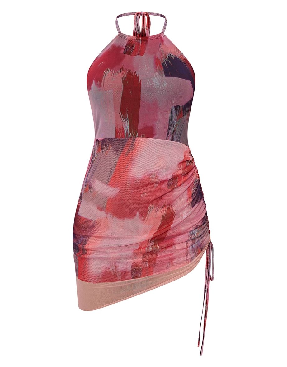 Pink Abstract Print Halterneck Mesh Layered Bodycon Dress - 4