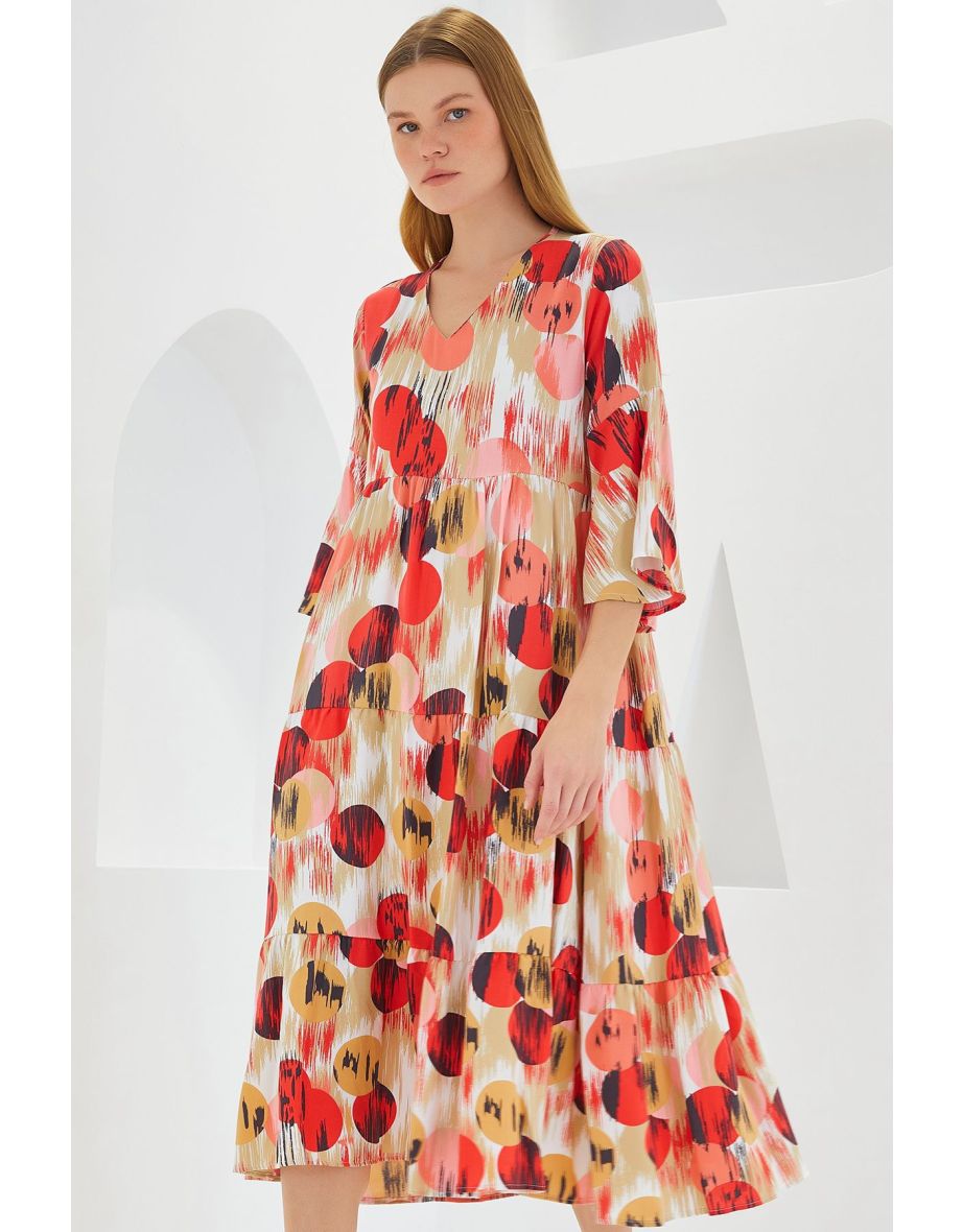 Women's Brick Ecru Patterned Short Sleeve Viscose Dress