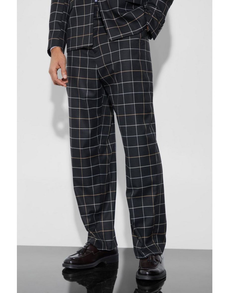 Relaxed Fit Windowpane Check Suit Trousers - black