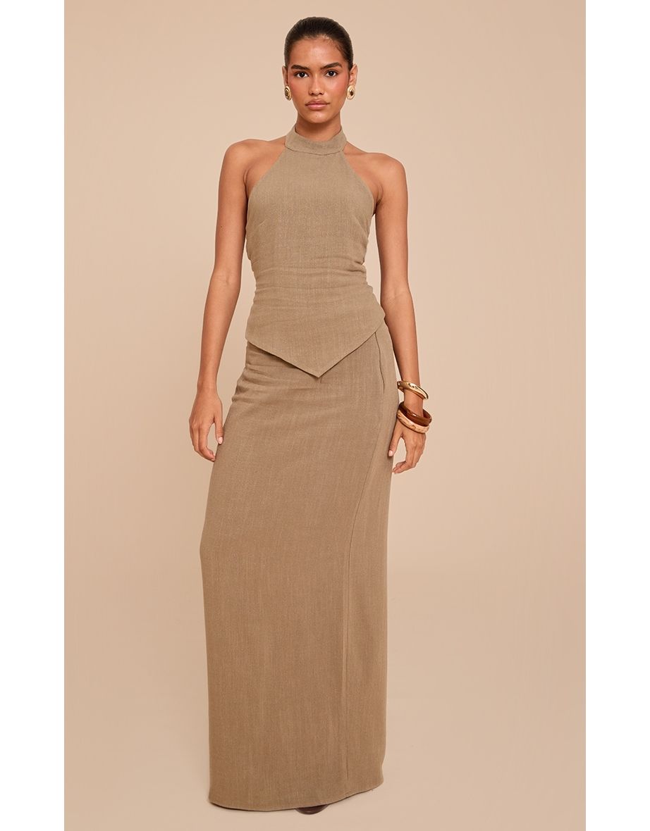 Khaki Textured Floaty Mid Rise Maxi Skirt