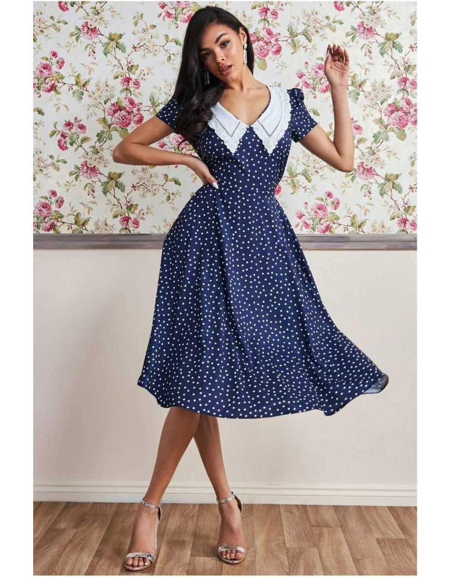 Goddiva Printed Tea Dress With Collar - Navy